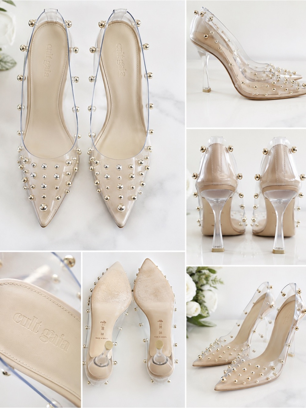 cult gaia Clear PVC and Champagne Pearl-Studded Pointed Pumps